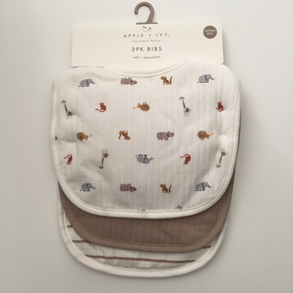Baby Bibs 3 Animal Theme Solid Stripes Soft Absorbent NEW | DreamGro Apple + Ivy